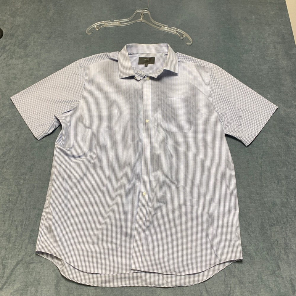 M&S Dress Shirt Mens 17" Blue White Short Sleeve Chest Pocket Business Formal